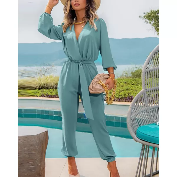 imageBTFBM Womens Fall Long Sleeve Jumpsuits Dressy Casual One Piece Outfits V Neck High Waist Belt Pocket Long Pants RomperSolid Blue Green