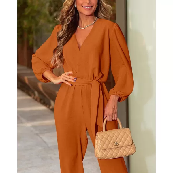 imageBTFBM Womens Fall Long Sleeve Jumpsuits Dressy Casual One Piece Outfits V Neck High Waist Belt Pocket Long Pants RomperSolid Brown Yellow