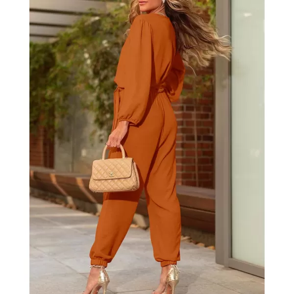 imageBTFBM Womens Fall Long Sleeve Jumpsuits Dressy Casual One Piece Outfits V Neck High Waist Belt Pocket Long Pants RomperSolid Brown Yellow