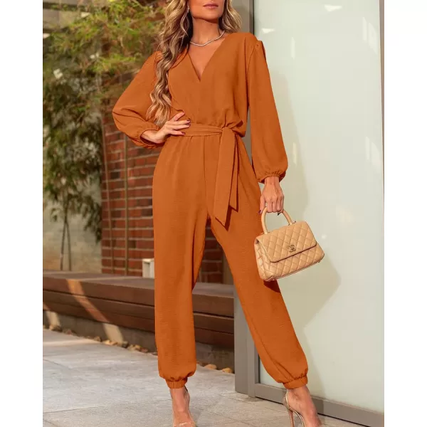 imageBTFBM Womens Fall Long Sleeve Jumpsuits Dressy Casual One Piece Outfits V Neck High Waist Belt Pocket Long Pants RomperSolid Brown Yellow