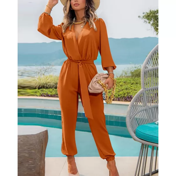 imageBTFBM Womens Fall Long Sleeve Jumpsuits Dressy Casual One Piece Outfits V Neck High Waist Belt Pocket Long Pants RomperSolid Brown Yellow