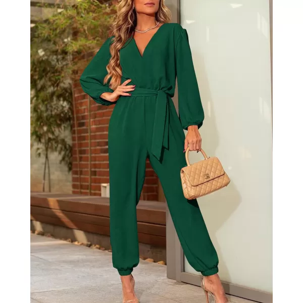 imageBTFBM Womens Fall Long Sleeve Jumpsuits Dressy Casual One Piece Outfits V Neck High Waist Belt Pocket Long Pants RomperSolid Dark Green