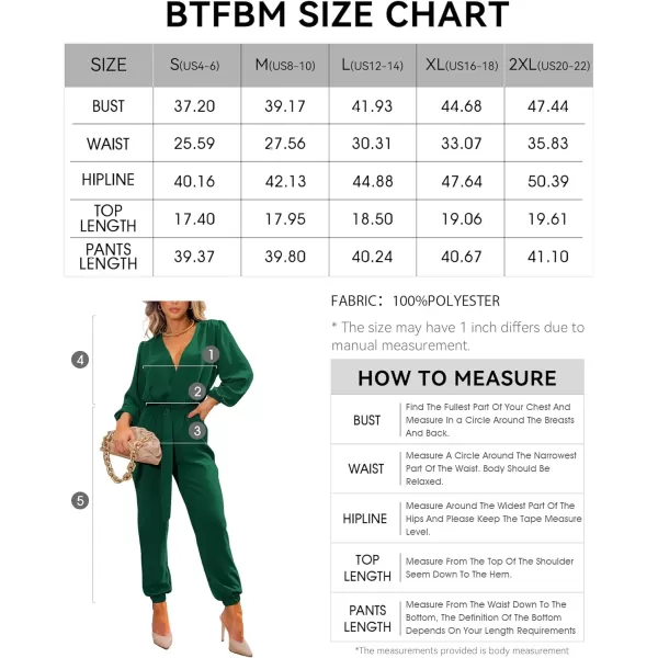imageBTFBM Womens Fall Long Sleeve Jumpsuits Dressy Casual One Piece Outfits V Neck High Waist Belt Pocket Long Pants RomperSolid Dark Green