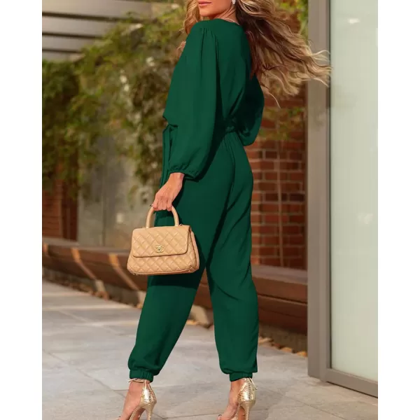 imageBTFBM Womens Fall Long Sleeve Jumpsuits Dressy Casual One Piece Outfits V Neck High Waist Belt Pocket Long Pants RomperSolid Dark Green