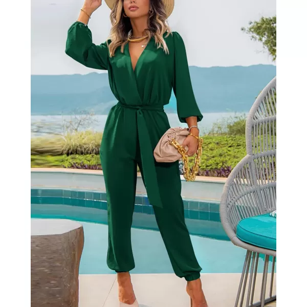 imageBTFBM Womens Fall Long Sleeve Jumpsuits Dressy Casual One Piece Outfits V Neck High Waist Belt Pocket Long Pants RomperSolid Dark Green