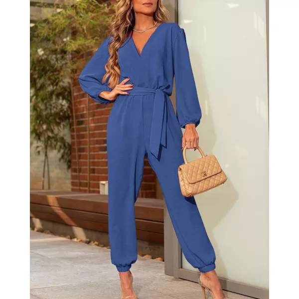 imageBTFBM Womens Fall Long Sleeve Jumpsuits Dressy Casual One Piece Outfits V Neck High Waist Belt Pocket Long Pants RomperSolid Denim Blue