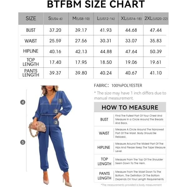 imageBTFBM Womens Fall Long Sleeve Jumpsuits Dressy Casual One Piece Outfits V Neck High Waist Belt Pocket Long Pants RomperSolid Denim Blue
