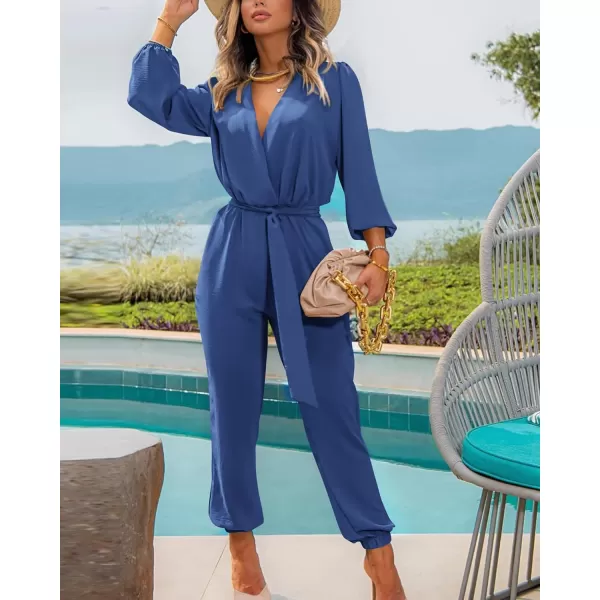 imageBTFBM Womens Fall Long Sleeve Jumpsuits Dressy Casual One Piece Outfits V Neck High Waist Belt Pocket Long Pants RomperSolid Denim Blue