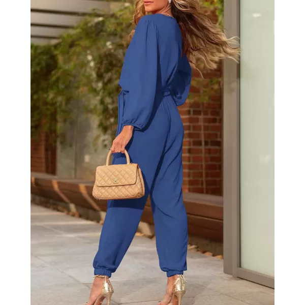 imageBTFBM Womens Fall Long Sleeve Jumpsuits Dressy Casual One Piece Outfits V Neck High Waist Belt Pocket Long Pants RomperSolid Denim Blue