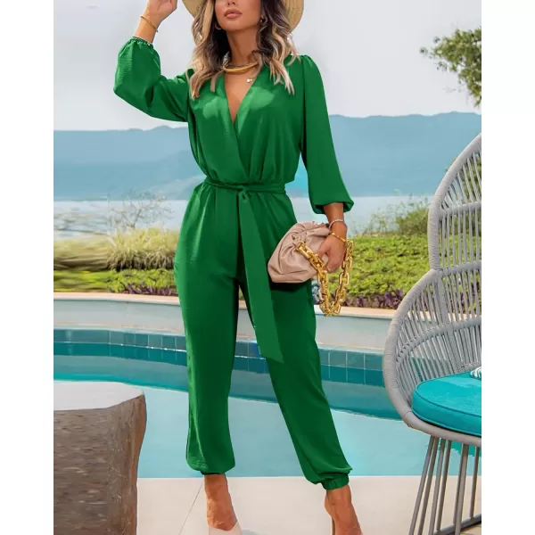 imageBTFBM Womens Fall Long Sleeve Jumpsuits Dressy Casual One Piece Outfits V Neck High Waist Belt Pocket Long Pants RomperSolid Green