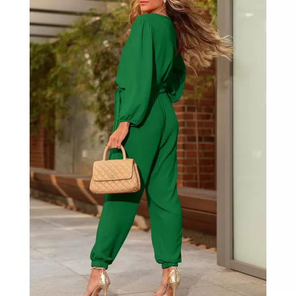 imageBTFBM Womens Fall Long Sleeve Jumpsuits Dressy Casual One Piece Outfits V Neck High Waist Belt Pocket Long Pants RomperSolid Green