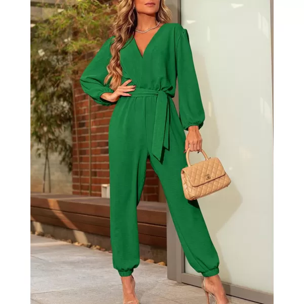 imageBTFBM Womens Fall Long Sleeve Jumpsuits Dressy Casual One Piece Outfits V Neck High Waist Belt Pocket Long Pants RomperSolid Green