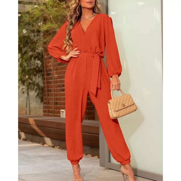 imageBTFBM Womens Fall Long Sleeve Jumpsuits Dressy Casual One Piece Outfits V Neck High Waist Belt Pocket Long Pants RomperSolid Orange