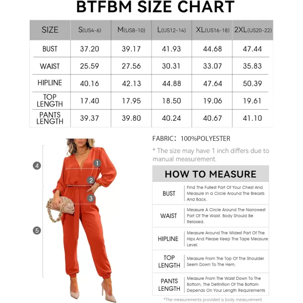 imageBTFBM Womens Fall Long Sleeve Jumpsuits Dressy Casual One Piece Outfits V Neck High Waist Belt Pocket Long Pants RomperSolid Orange