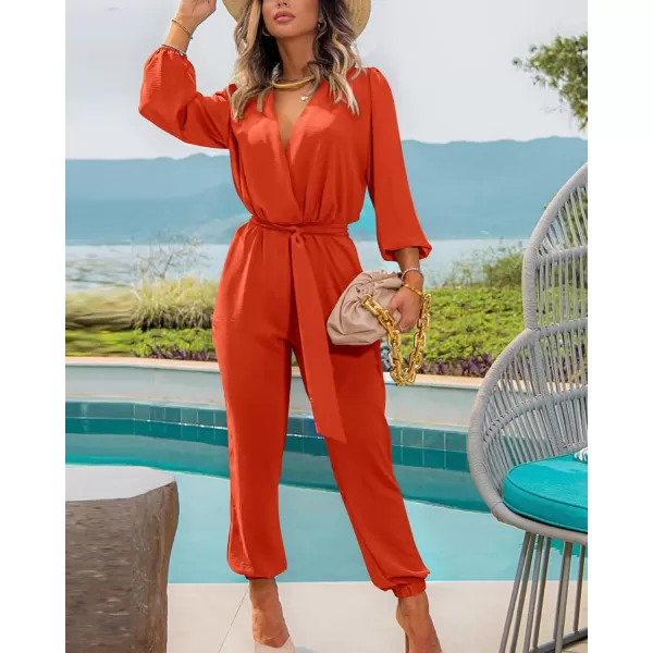 imageBTFBM Womens Fall Long Sleeve Jumpsuits Dressy Casual One Piece Outfits V Neck High Waist Belt Pocket Long Pants RomperSolid Orange