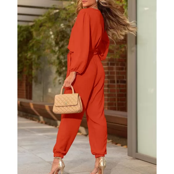 imageBTFBM Womens Fall Long Sleeve Jumpsuits Dressy Casual One Piece Outfits V Neck High Waist Belt Pocket Long Pants RomperSolid Orange