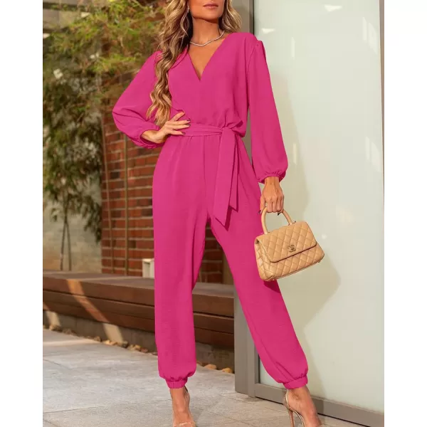 imageBTFBM Womens Fall Long Sleeve Jumpsuits Dressy Casual One Piece Outfits V Neck High Waist Belt Pocket Long Pants RomperSolid Rose Red
