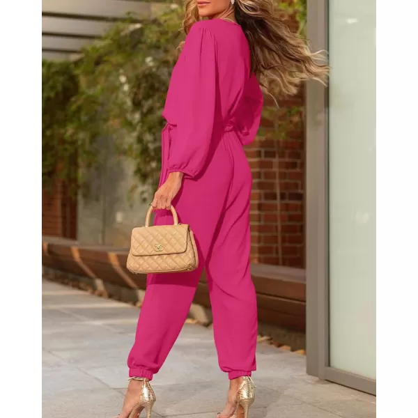 imageBTFBM Womens Fall Long Sleeve Jumpsuits Dressy Casual One Piece Outfits V Neck High Waist Belt Pocket Long Pants RomperSolid Rose Red