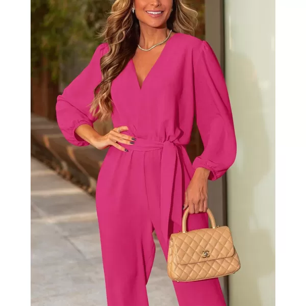 imageBTFBM Womens Fall Long Sleeve Jumpsuits Dressy Casual One Piece Outfits V Neck High Waist Belt Pocket Long Pants RomperSolid Rose Red