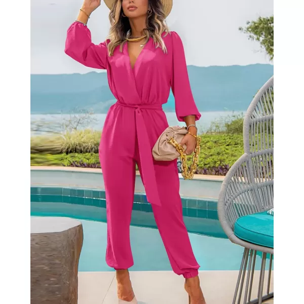 imageBTFBM Womens Fall Long Sleeve Jumpsuits Dressy Casual One Piece Outfits V Neck High Waist Belt Pocket Long Pants RomperSolid Rose Red