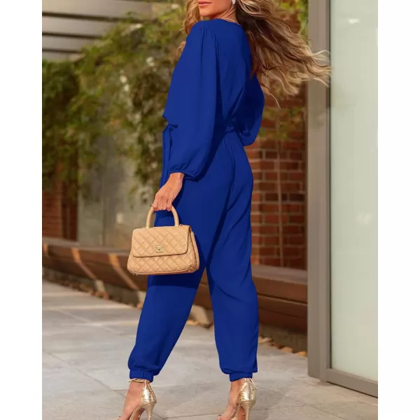 imageBTFBM Womens Fall Long Sleeve Jumpsuits Dressy Casual One Piece Outfits V Neck High Waist Belt Pocket Long Pants RomperSolid Royal Blue