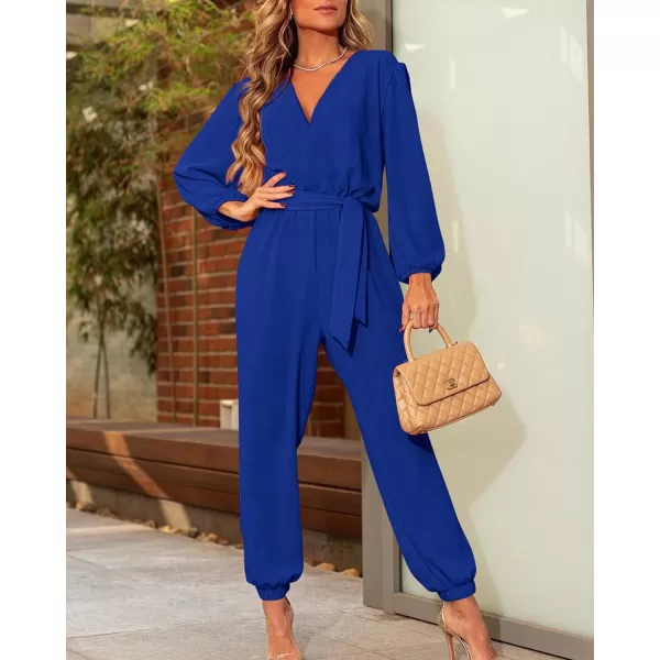 imageBTFBM Womens Fall Long Sleeve Jumpsuits Dressy Casual One Piece Outfits V Neck High Waist Belt Pocket Long Pants RomperSolid Royal Blue
