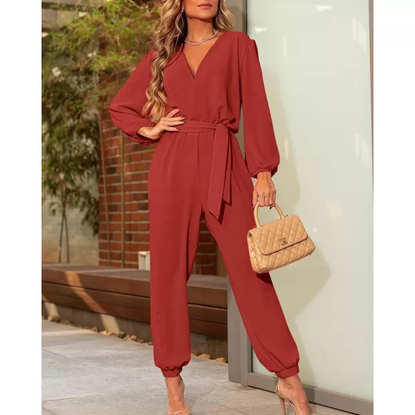 imageBTFBM Womens Fall Long Sleeve Jumpsuits Dressy Casual One Piece Outfits V Neck High Waist Belt Pocket Long Pants RomperSolid Rust Red