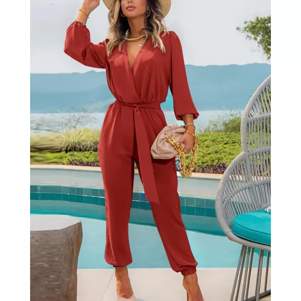 imageBTFBM Womens Fall Long Sleeve Jumpsuits Dressy Casual One Piece Outfits V Neck High Waist Belt Pocket Long Pants RomperSolid Rust Red