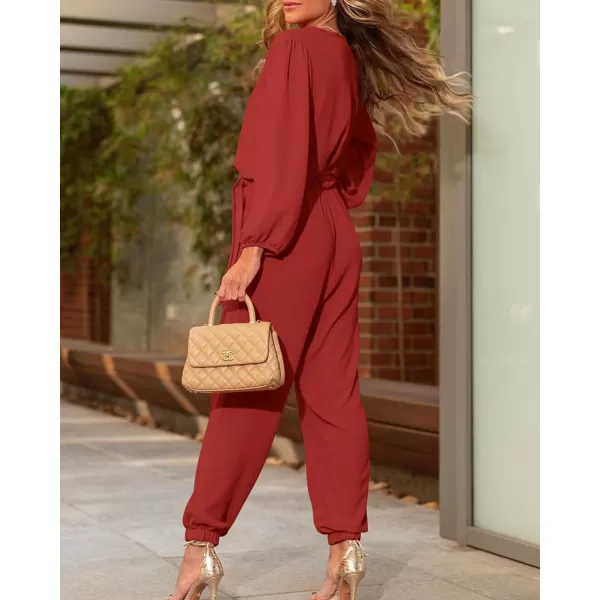 imageBTFBM Womens Fall Long Sleeve Jumpsuits Dressy Casual One Piece Outfits V Neck High Waist Belt Pocket Long Pants RomperSolid Rust Red