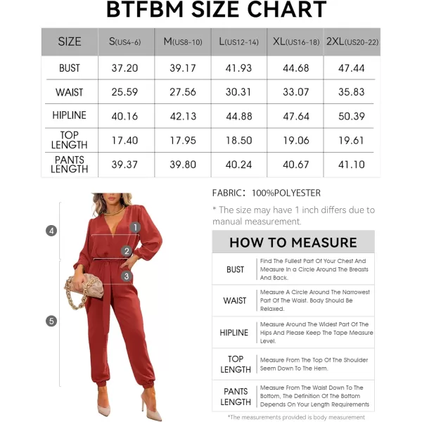 imageBTFBM Womens Fall Long Sleeve Jumpsuits Dressy Casual One Piece Outfits V Neck High Waist Belt Pocket Long Pants RomperSolid Rust Red
