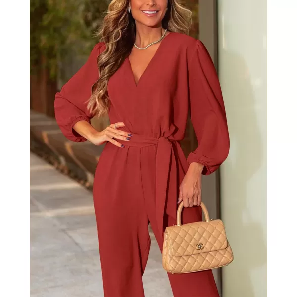 imageBTFBM Womens Fall Long Sleeve Jumpsuits Dressy Casual One Piece Outfits V Neck High Waist Belt Pocket Long Pants RomperSolid Rust Red