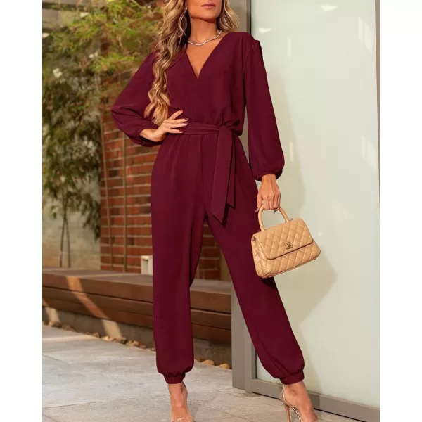 imageBTFBM Womens Fall Long Sleeve Jumpsuits Dressy Casual One Piece Outfits V Neck High Waist Belt Pocket Long Pants RomperSolid Wine Red
