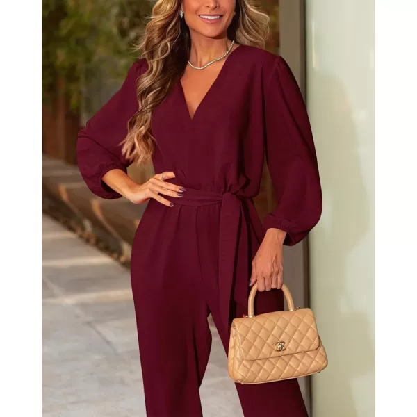 imageBTFBM Womens Fall Long Sleeve Jumpsuits Dressy Casual One Piece Outfits V Neck High Waist Belt Pocket Long Pants RomperSolid Wine Red