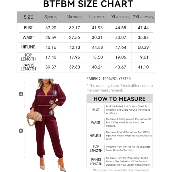 imageBTFBM Womens Fall Long Sleeve Jumpsuits Dressy Casual One Piece Outfits V Neck High Waist Belt Pocket Long Pants RomperSolid Wine Red