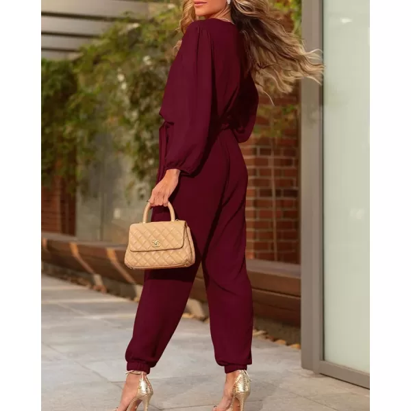 imageBTFBM Womens Fall Long Sleeve Jumpsuits Dressy Casual One Piece Outfits V Neck High Waist Belt Pocket Long Pants RomperSolid Wine Red