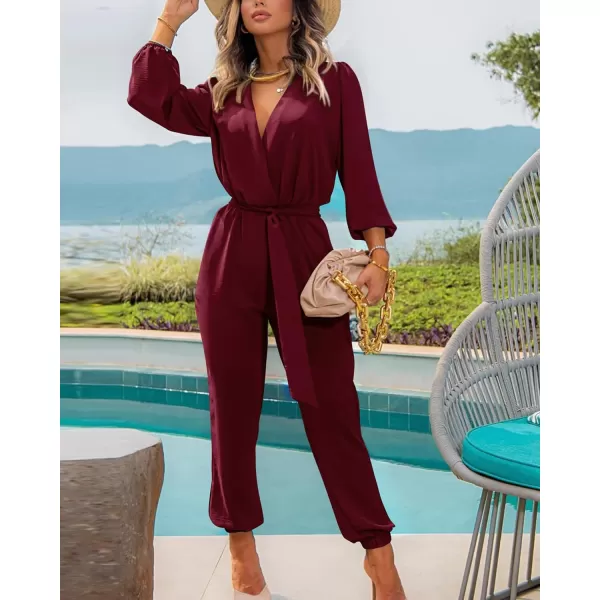 imageBTFBM Womens Fall Long Sleeve Jumpsuits Dressy Casual One Piece Outfits V Neck High Waist Belt Pocket Long Pants RomperSolid Wine Red