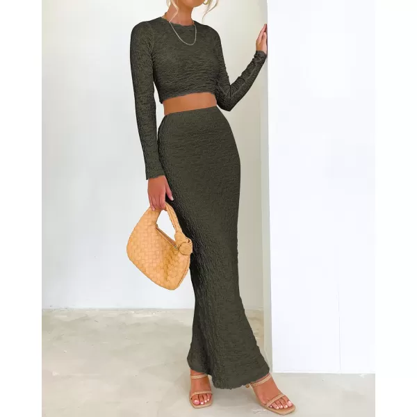 imageBTFBM Womens Fashion 2 Piece Outfits 2023 Fall Winter Long Sleeve Bodycon Pullover Tops Ruched Mermaid Maxi Skirt SetSolid Army Green