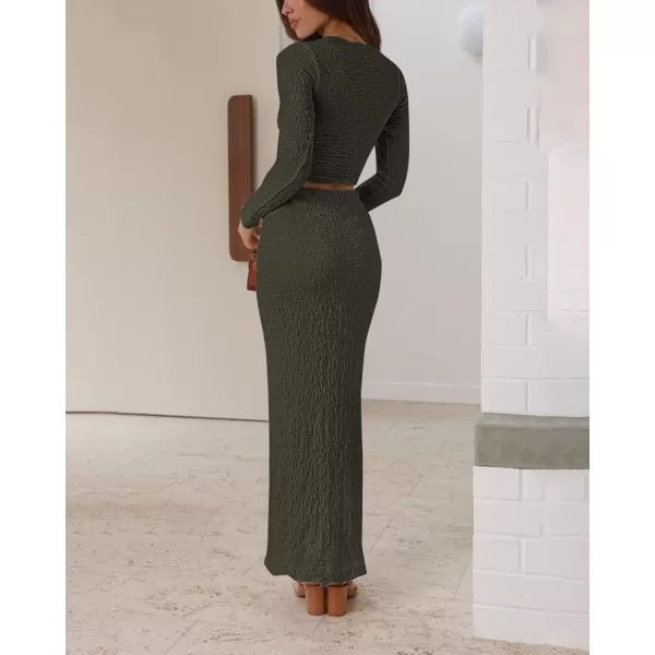 imageBTFBM Womens Fashion 2 Piece Outfits 2023 Fall Winter Long Sleeve Bodycon Pullover Tops Ruched Mermaid Maxi Skirt SetSolid Army Green