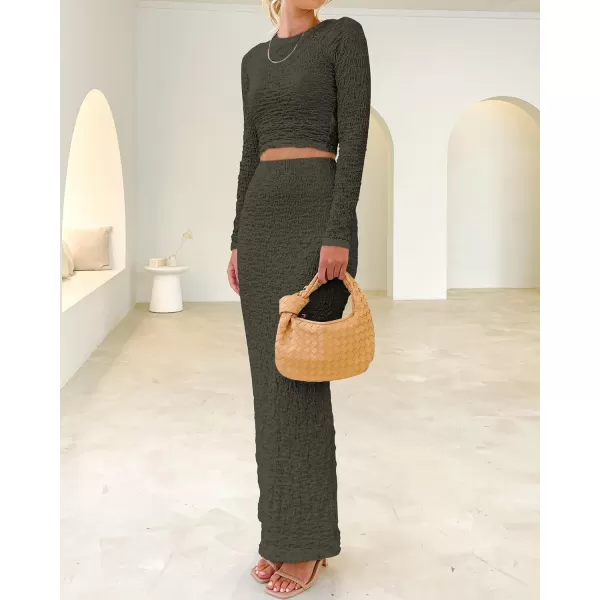 imageBTFBM Womens Fashion 2 Piece Outfits 2023 Fall Winter Long Sleeve Bodycon Pullover Tops Ruched Mermaid Maxi Skirt SetSolid Army Green
