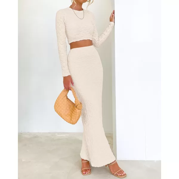 imageBTFBM Womens Fashion 2 Piece Outfits 2023 Fall Winter Long Sleeve Bodycon Pullover Tops Ruched Mermaid Maxi Skirt SetSolid Beige