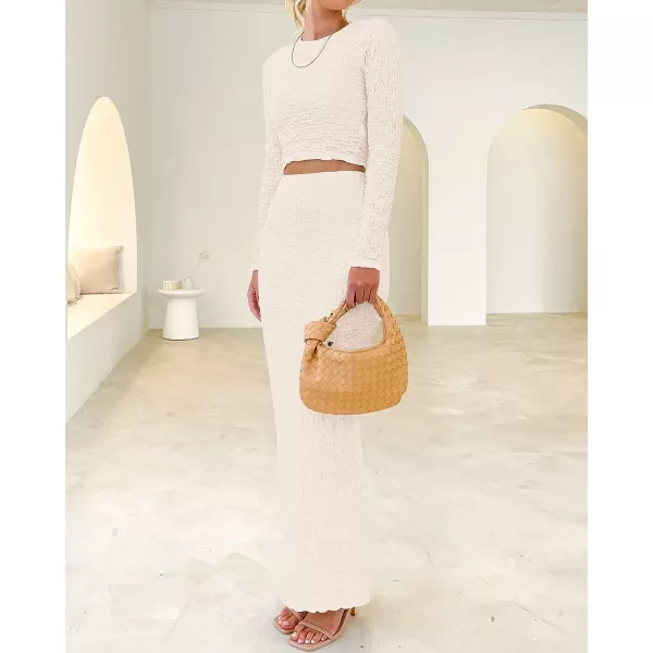 imageBTFBM Womens Fashion 2 Piece Outfits 2023 Fall Winter Long Sleeve Bodycon Pullover Tops Ruched Mermaid Maxi Skirt SetSolid Beige
