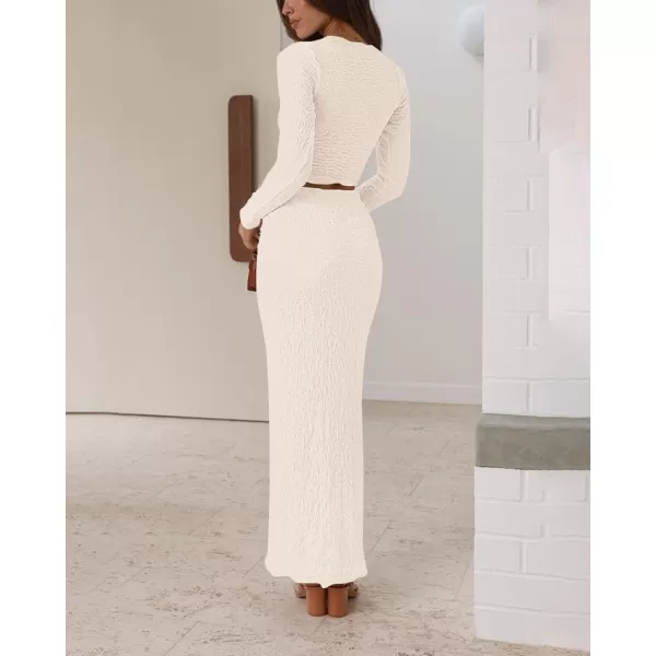 imageBTFBM Womens Fashion 2 Piece Outfits 2023 Fall Winter Long Sleeve Bodycon Pullover Tops Ruched Mermaid Maxi Skirt SetSolid Beige