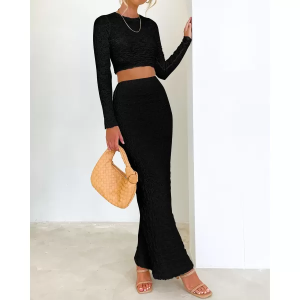 imageBTFBM Womens Fashion 2 Piece Outfits 2023 Fall Winter Long Sleeve Bodycon Pullover Tops Ruched Mermaid Maxi Skirt SetSolid Black
