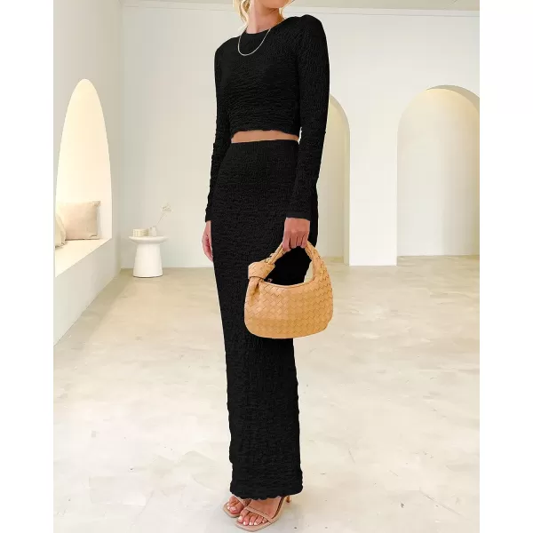 imageBTFBM Womens Fashion 2 Piece Outfits 2023 Fall Winter Long Sleeve Bodycon Pullover Tops Ruched Mermaid Maxi Skirt SetSolid Black