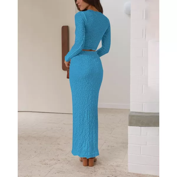 imageBTFBM Womens Fashion 2 Piece Outfits 2023 Fall Winter Long Sleeve Bodycon Pullover Tops Ruched Mermaid Maxi Skirt SetSolid Blue
