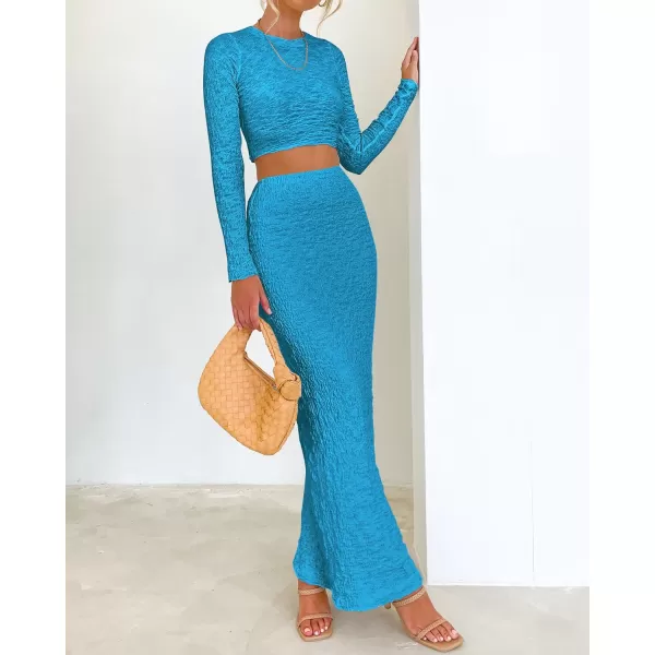 imageBTFBM Womens Fashion 2 Piece Outfits 2023 Fall Winter Long Sleeve Bodycon Pullover Tops Ruched Mermaid Maxi Skirt SetSolid Blue