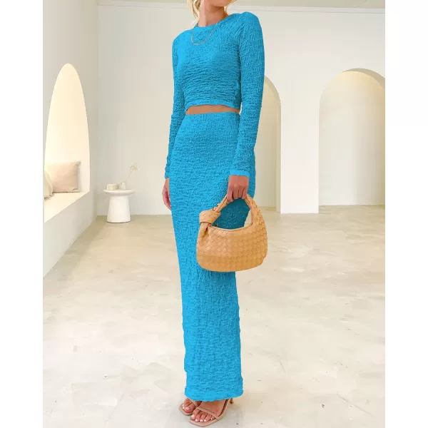 imageBTFBM Womens Fashion 2 Piece Outfits 2023 Fall Winter Long Sleeve Bodycon Pullover Tops Ruched Mermaid Maxi Skirt SetSolid Blue