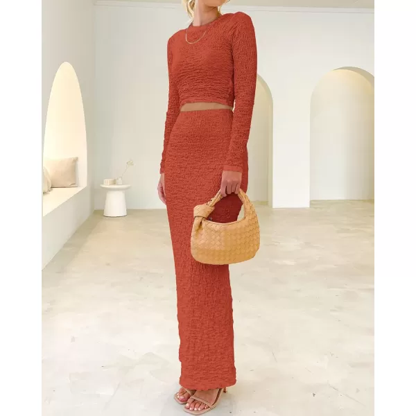 imageBTFBM Womens Fashion 2 Piece Outfits 2023 Fall Winter Long Sleeve Bodycon Pullover Tops Ruched Mermaid Maxi Skirt SetSolid Brick Red