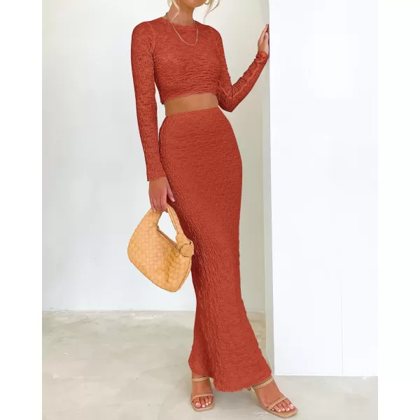 imageBTFBM Womens Fashion 2 Piece Outfits 2023 Fall Winter Long Sleeve Bodycon Pullover Tops Ruched Mermaid Maxi Skirt SetSolid Brick Red