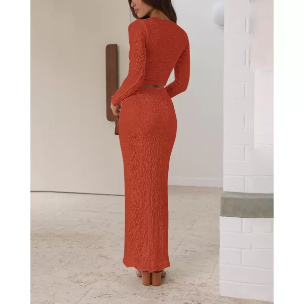 imageBTFBM Womens Fashion 2 Piece Outfits 2023 Fall Winter Long Sleeve Bodycon Pullover Tops Ruched Mermaid Maxi Skirt SetSolid Brick Red